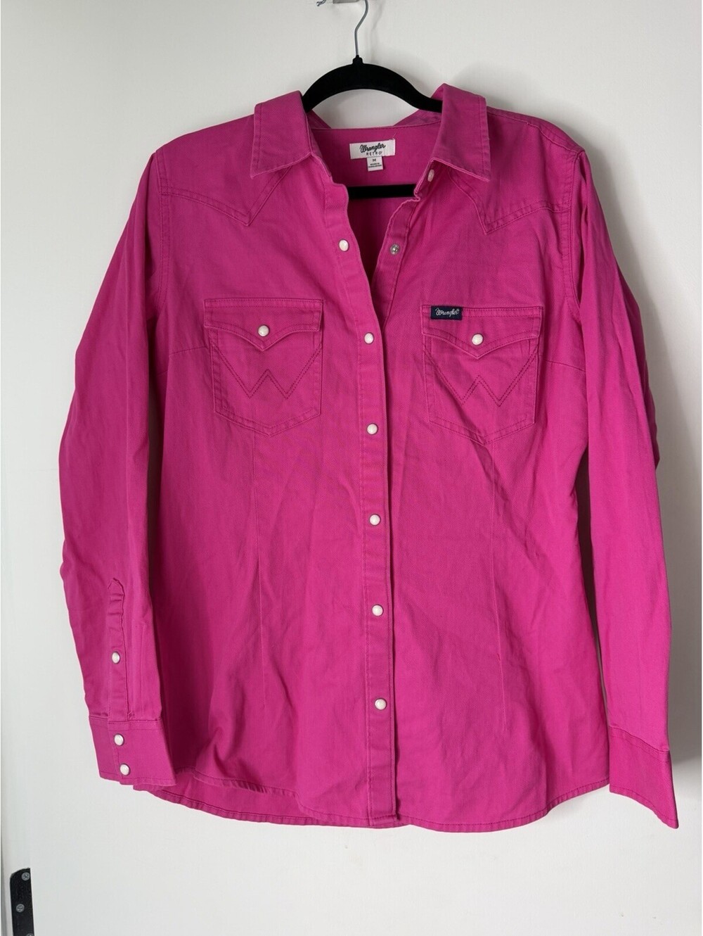 Wrangler Pink Western Pearl Snap Shirt Womens Medium Magenta Cowgirl Rodeo Retro